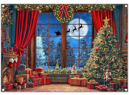 Luminora 2,1 x 1,5 m Joyeux Noël Sol Fenêtre Lune Renne Toile de Fond Arbre de Père Rideaux Rouges Fond Décorations de Vacances Fête Photo Bannière