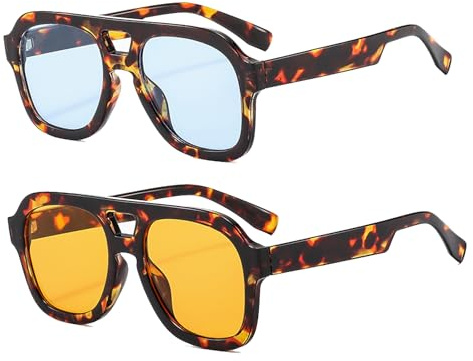 Long Keeper Occhiali da Sole Pilot Uomo Donna Occhiali da Sole Quadrati Pilota Retrò Anni 70 Occhiali da Guida Notturna Occhiali Pilota UV400 ((2 Paia) Leopardo/Blu + Leopardo/Arancione)