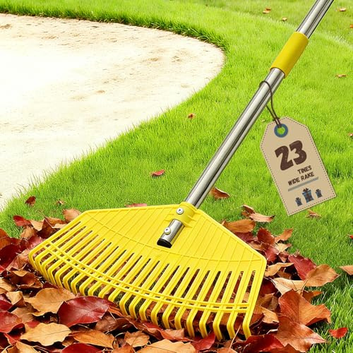 Rastrello da giardino extra largo, 42 cm, pulizia senza sforzo, 23 denti flessibili per lavorare a risparmio prato, rastrello in plastica regolabile da 130 cm, giallo