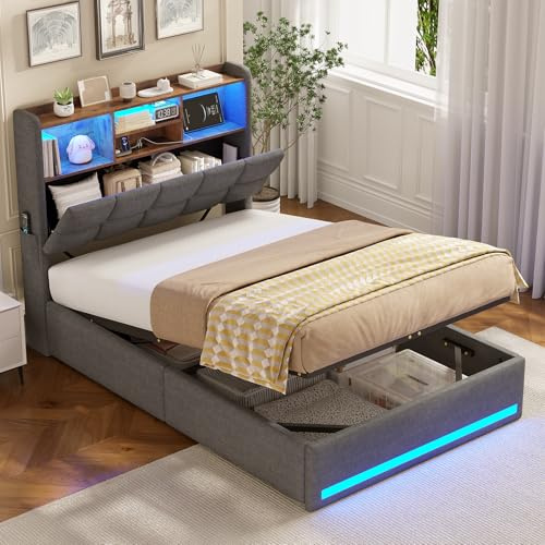 AOGLLATI Lit Coffre 90x200 avec Multiprise et Éclairage LED Réglable, Lit Simple 90x200 avec 5 Compartiments et Espace sous Sommier, sans Matelas, Lit Enfant Capitonné en Lin Gris Foncé