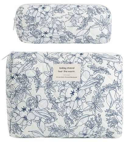 HTTDSLF 2Pcs Neceser Maquillaje Mujer, Neceser Mujer con Estampado de Flores, Bolsa de Cosméticos de Viaje con Cremallera, Floral, para Maquillaje Necessaire Viajes Accesorios, Flores Azul Oscuro
