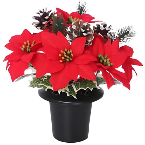 Christmas Artificial Flowers for Graves Pack 1 | Red Poinsettia with Snowy Cone & Variagated Holly | Cemetery Artificial Grave Flower Pots | Durable Grave Pot for Floral Arrangement Decorations