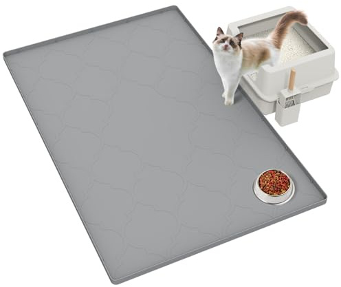 KIXCVDM Tappetino Lettiera Gatto in Silicone,Taglia Grande Tappeto Lettiera Gatti, Facile Da Pulire,Morbido Sulle Zampe Del Gatto,Impermeabile,Anti-Urina,Tappetino con Bordo (Argento L)