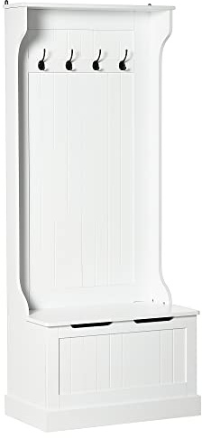 HOMCOM Meuble d'entrée 4 en 1, vestiaire d'entrée avec banc de rangement et 4 crochets doubles, style moderne, porte manteau pour couloir, chambre, salon, 71,5 x 39,5 x 170 cm, blanc