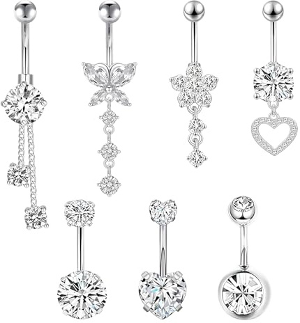5Pcs Belly Button Ring Set Stainless Steel Belly Button Rings Dangle Piercing Jewelry with Heart Shape Bow for Women Girls