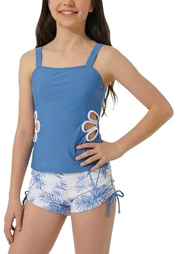 SEAUR Traje de baño de dos piezas para niña, tankini con pantalones cortos, 9-16 años, estampado de flores, Cut Out, traje de baño para niños, adolescentes, verano, playa, azul, 13-14 años