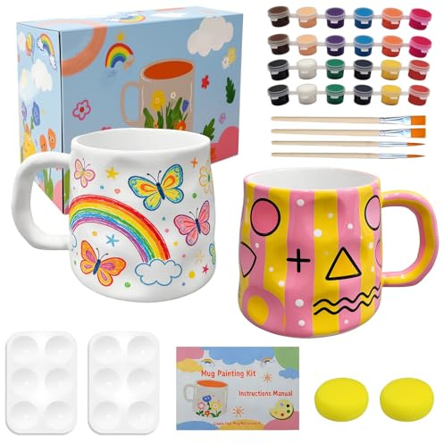 Set di Pittura su Ceramica, Bianco Tazze Kit Ceramica Fai Da Te,Ceramica Pittura Set, Tazze Pittura Set Contiene Tazze, Pennello, Colori E Istruzioni Per Dipingere, Pentole Per Casa, tazza di caffè