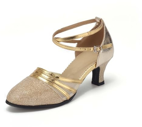 Escarpins à Bride arrière Scintillants avec Boucle pour Danse Latine, Semelle Souple antidérapante, Confort Optimal et Talon mi-Haut, Chaussures habillées pour Femme, idéales pour soirées et (Gold,