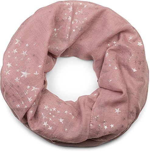 styleBREAKER Damen Loop Schal mit glitzerndem Metallic Sterne All Over Print Muster, Leichter Schlauchschal Einfarbig, Tuch 01016118, Farbe:Altrose