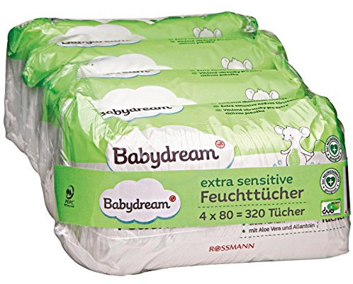 Babydream extra sensitive Feuchttücher 320 Stück 4x80 Tücher für empfindliche Haut, schonende Reinigung, ohne Pafüm, mit Aloe Vera & Allantion, bei Neurodermitis geeignet