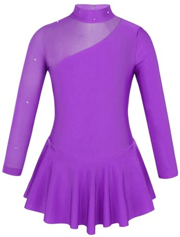 Freebily Vestido de Danza Patinaje sobre Hielo para Niña Leotardo de Manga Larga Maillot de Gimnasia Rítmica Competición Vestido de Bailarina Ballet Morado 10 años