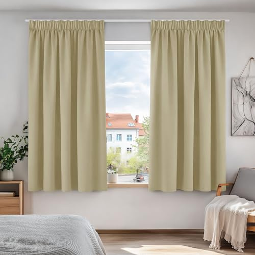 Deconovo Pencil Pleat Curtains Thermal Insulated Decorative Soft Energy Saving Room Darkening Curtains for Kid 42 x 63 Inch Beige Set of 2