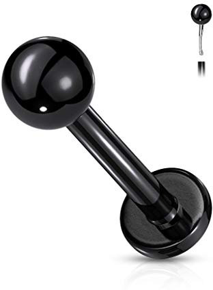 PiercedOff Black IP over 316L Surgical Steel 1mm Labret with Threadless Push in 3mm Top Ball - Length 8mm