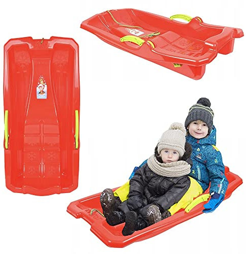 Bobschlitten Bob Rodel Schneegleiter Bremshebel Zugseil Kinder Schnee Winter (Rot)