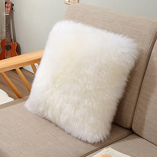 LLB Luxury Genuine Sheepskin Throw Pillow Covers Soft Fluffy Solid Decorative Square Couch Pillow Cover 18x18 Pillowcase Cushion Case for Sofa Bedroom Car Bed No Pillow Insert Long Wool Ivory White