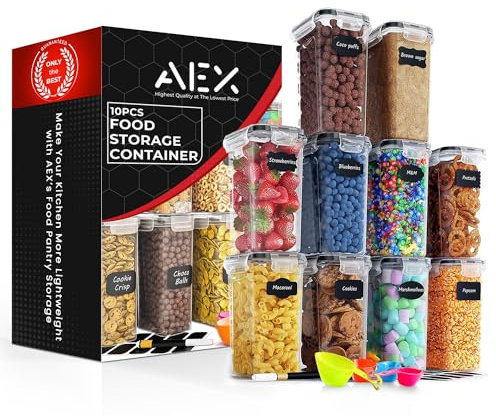 AEX Airtight Food Storage Container - Leak‑Proof Cereal Storage Containers with Lids | BPA-Free Kitchen Pantry Storage Organiser - Flour Sugar Pasta Dry Food Storage Jars (Set of 10)