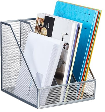 Relaxdays Range-revues, 3 Compartiments, Format A4, Design Maille, HLP 26x24x26 cm, Bureau/télétravail, métal, argenté