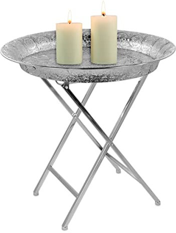 Stephans Möbelbörse Beistelltisch Orientalisch aus Metall rund Ø54cm Wohnzimmertisch Sofatisch Couchtisch Tablett Teetisch Tisch klappbar Silber