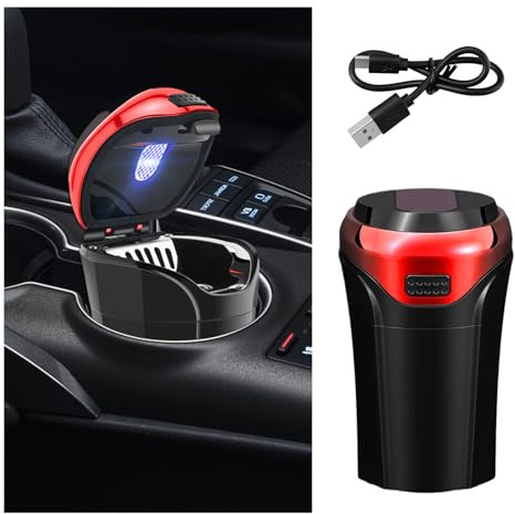 Suvnie Mini cendrier de voiture avec couvercle, rechargeable par USB, amovible, avec lumière LED bleue, portable, anti-odeurs, mini poubelle automobile (rouge)