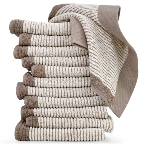 Cleanbear Wash Cloths 12 Pack, Jacquard Weaved Cotton Washcloth for Body and Face, 13.5 by 13 Inches Soft Face Towels for Sensitive Skin (Light-Brown)