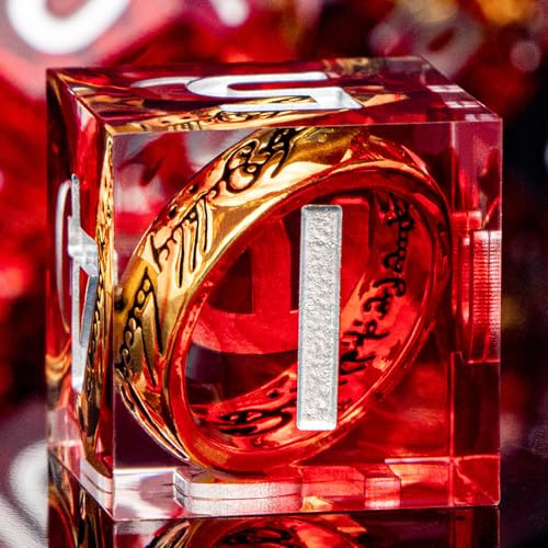 ORIFANTOU Jeu de dés DND polyédriques avec anneau magique doré, dès en résine rouge à bords tranchants avec boîte, pour une utilisation avec les jeux de rôle D&D