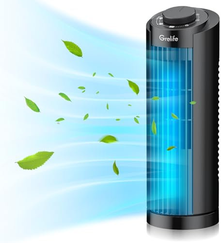 Grelife Leiser Turmventilator, 7,9m/s Geschwindigkeit, 70° Oszillierende Ventilatoren, Schnelle Kühlung Tischventilator für Büro, Zuhause, Schlafzimmer, Schwarz