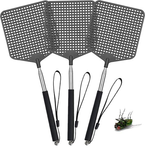 3 Stück Fliegenklatsche,Fliegenklatsche Ausziehbar Groß,Fliegenklatsche Ausziehbar,Stabil Manuelle Teleskop Fliegenklasche,Fly swatter für AFliegen, Mücken und Insekten,Schwarz.