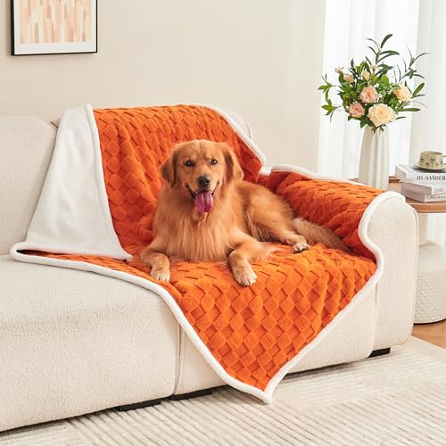 Yaning Checkered Waterproof Blanket for Bed Couch Sofa Car, Fluffy Soft Dog Blanket with 3D Jacquard Grid Pattern, Reversible Leakproof Pet Blankets for Dogs Cats Puppies, Burnt Orange, 127x150cm