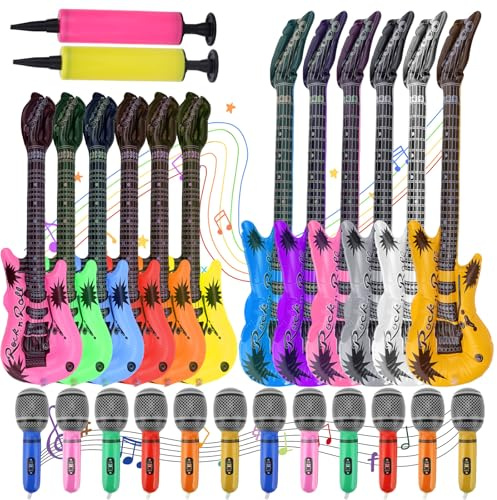 26st Uppblåsbar Rockstjärna Gitarr och Mikrofoner, Flerfärgad Uppblåsbar Gitarr Musikinstrumentballonger Spränga Mikrofon och Gitarr Festfavoriter Med Musiktema