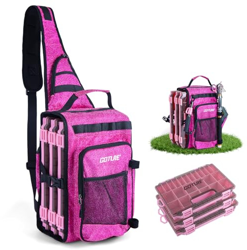 Goture Fishing Bag with 3 Tackle Boxes & Lures, Single Shoulder Fishing Tackle Bag with Rod Holder, Carp Tackle Bags, Heavy-Duty Oxford Fabric Water-Resistant Multi-Pockets Camping Pack 12L Bling Pink