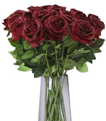 TILONKJ 12 Piezas Rosas Artificiales Rojas,Ramo de Rosas de Tallo Largo de 51 cm,Flores Artificiales Decorativas de Aspecto Realista,para Bodas,Jardines,Cementerio(Carmesí)