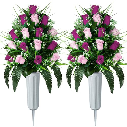 XONOR 2 Sets Artificial Cemetery Flowers, Grave Decorations Roses, Memorial Flowers Bouquet with Vase for Grave Cemetery Decoration (Purple&Pink)
