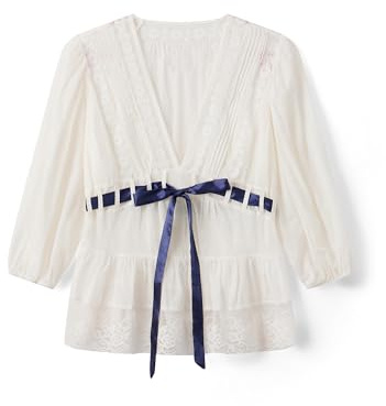 Women Pleated Ruffles Lace Trim T Shirts Front Bow Tie Up Ruched Cinch Waist Tops Fashion Long Sleeve V Neck See Through Blouses