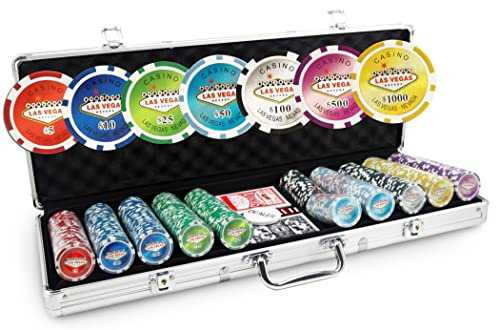 Malette Laser Las Vegas 500 jetons - Set de 500 jetons de Poker 13,5g+Mallette Poker Aluminium+2 Jeux de Cartes 100% Plastique+Bouton Dealer