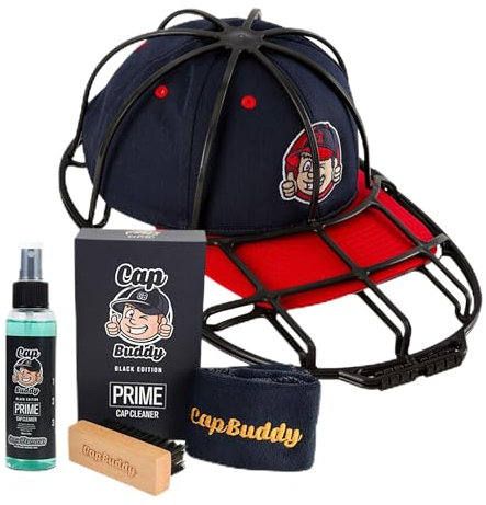 Cap Buddy Cap Cleaner Geschenk Set für Spülmaschine Kappen Reiniger zum Herren Damen Kinder Snapback Trucker Basecap waschen inklusive Spray Bürste und Tuch (Black with Cap Buddy)