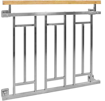 ECD Germany Ringhiera Balcone Francese 90x100 cm con 3 Riempimenti, Argento Lucido Effetto Legno, in Acciaio Inox, Parapetto Finestra Anticaduta, Grata di Sicurezza Esterna, Balaustra