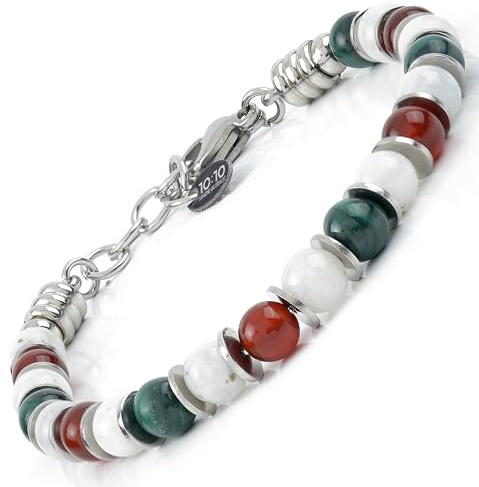 10:10 Bracciale uomo donna, Braccialetto con perle diametro 6 mm e dischetti in acciaio inox anallergico del diametro di 6 mm, i braccialetti pietre dure sono realizzati in Italia.