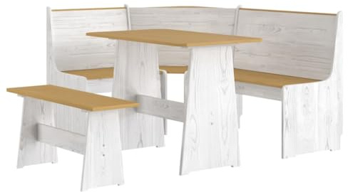 vidaXL Juego de Comedor 3 pzas, Banco de Esquina con Respaldo, Mesa de Cena, Mueble para Cocina Hogar, Madera Maciza de Pino Marrón Blanco