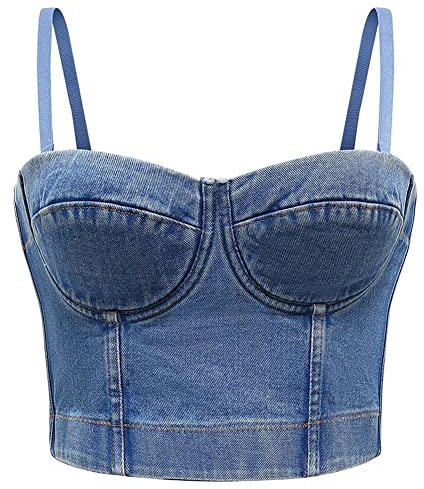 Women's Denim Tank Top Corset Bustier Blue Jean Crop Top Bra Streetwear Cami Detachable Straps Push Up Vest (Style 01)