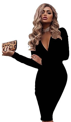 Hanaoops Damen Kleid Langarm Elegant Wickelkleid V Ausschnitt Hohe Taille Bodycon Partykleid Cocktailkleid für Party Hochzeit Kleider