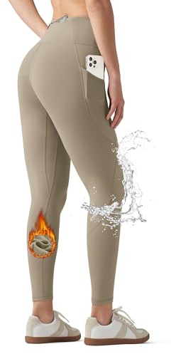 WILLIT Termoleggings dam fodrade leggings vinter vattentäta termobyxor hög midja varma yogabyxor löparbyxor tights, Ljusbrun, XS