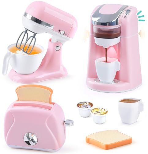 Play Kitchen Appliances Toys - Kids Kitchen Playset Accessories, Pretend Play Toy Sets with Coffee Maker, Mixer, Toaster with Realistic Lights & Sounds, Gifts for Toddler Girls Ages 2 3 4 5 6 7