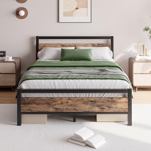 JELUTE Metal Platform Bed Frame, Double Size, Black | Wooden Headboard and Footboard, Heavy Duty Steel Support, No Box Spring Needed, Easy Assembly
