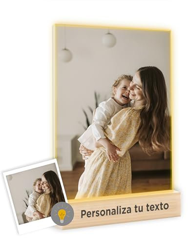 P Pevita Lámpara Personalizada con Foto. Cuadro Personalizado en metacrilato + Base de Madera. CREA Regalos Originales Personalizados para Mujer, día del Padre, día de la Madre, Navidad, San Valentín