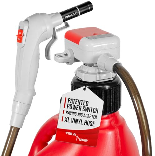 TERA PUMP TRFA03-XL Universal Gas Can Adapter Cap Battery Powered Fuel Transfer Pump (2.3 GPM) No Spill Sensor, 4.27 ft Vinyl Hose, Utility Jug Adapter, Power Nozzle, 4x AA Power