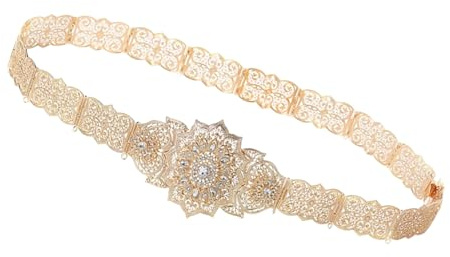 TWEW Ceinture Traditionnelle Creuse Marocaine pour Robe de Caucase - Ceinture Antique pour Mariage - Strass Sculpture Corset - Doré - 105cm - Femme