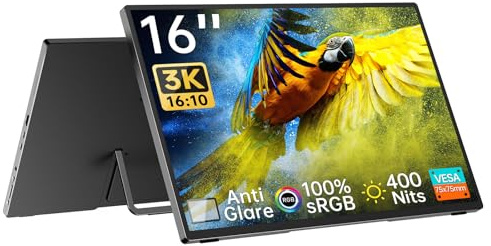 Intehill 3K Portable Monitor 16 Inch, Anti-Glare Matte IPS Panel, 3072x1920, 16:10, 100% sRGB, 400nits, Lightweight, Aluminium-Alloy Body, Ultra-Slim Bezel, VESA, USB-C & HDMI for Laptop (U16ZA)