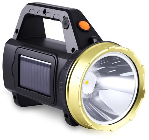 ALLOMN Solar LED Torch, Super Bright Solar Powered Handheld LED Torch Powerful Rechargeable Flashlight Spotlight with 3 Light Modes Portable Searchlight Lantern for Emergency Outdoor Camping