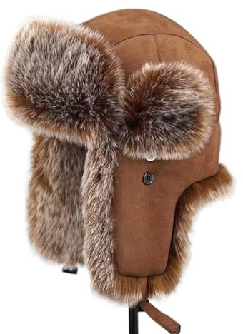 YEKEYI Gorro de trampero de invierno, sombrero ruso para hombre y mujer, sombrero de piel con pelo sintético de conejo, gorro de aviador con orejeras, sombrero a prueba de viento, marrón, Talla única