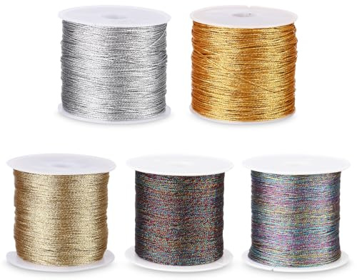 Zaxiva 5 Rotoli Set di Filo di Seta, 0.4 mm x 50 m Fili per Braccialetti, Gioielli Artigianato, Filo Dorato e Argentato, per La Collane, Bigiotteria Fai Da Te, Uncinetto（5 Colori）